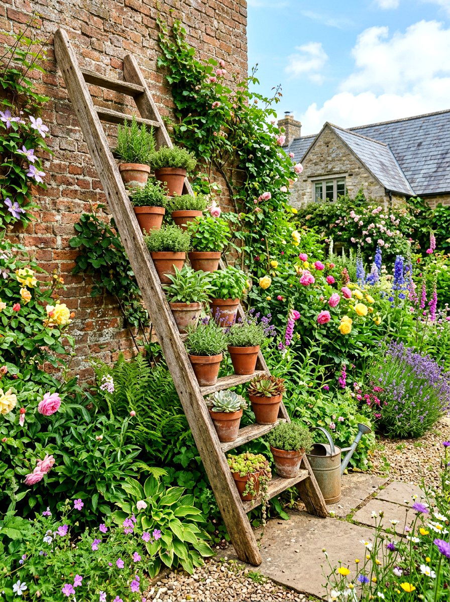 Weathered wooden ladders - 30 vintage garden decor ideas