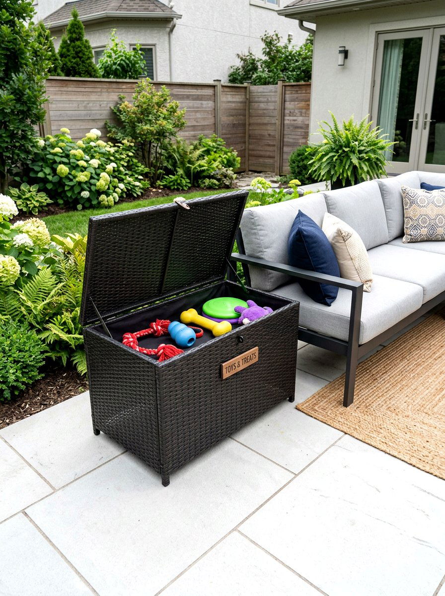 Weatherproof Dog Toy Storage - 30 dog friendly patio ideas aesthetic