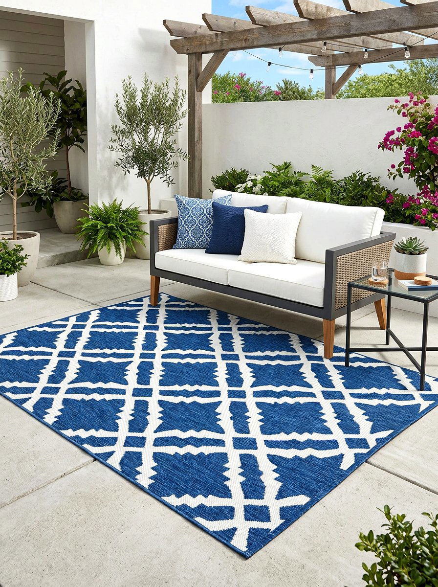 Weatherproof outdoor area rug - 30 apartment patio entertaining ideas