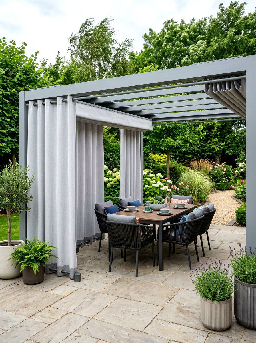 Weighted bottom outdoor curtain installation - 30 pergola privacy curtain ideas