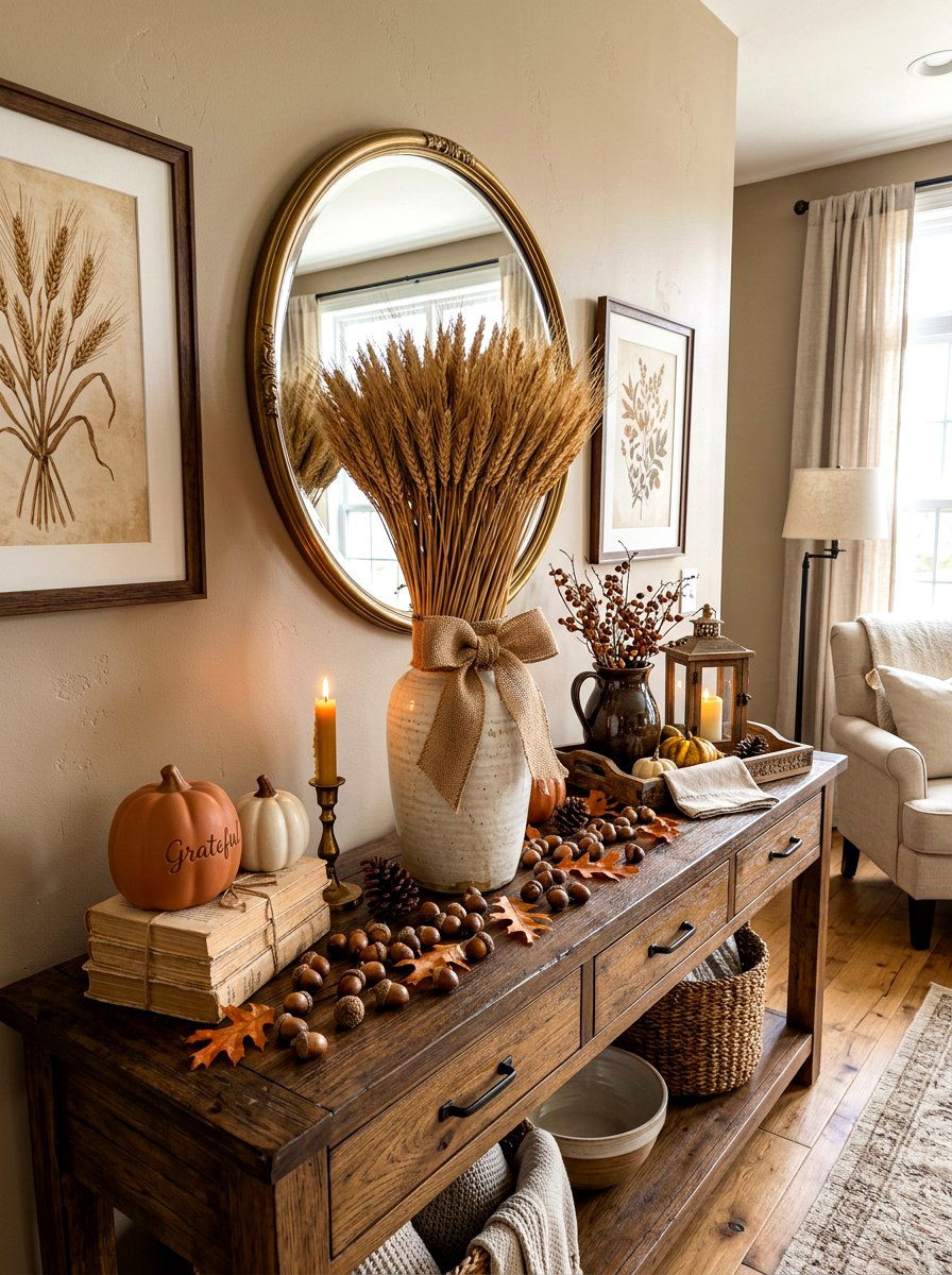 Wheat Stalk Thanksgiving Console - 30 Thanksgiving entry table ideas