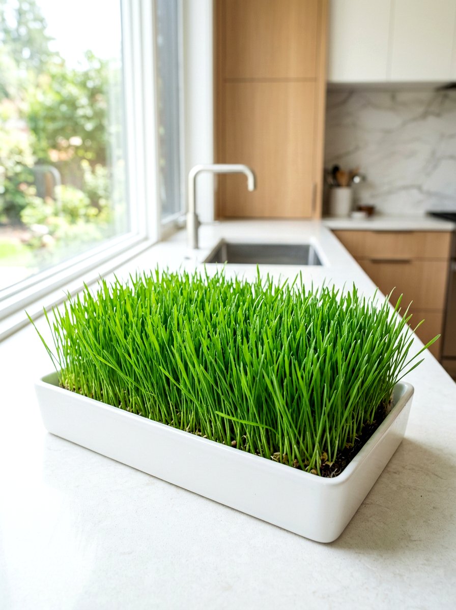 Wheatgrass Growing In Minimalist Tray - 30 windowsill vegetable garden ideas