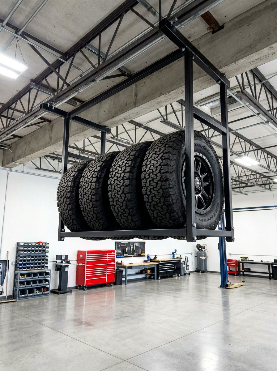 Wheel and tire ceiling rack - 30 garage ceiling storage ideas