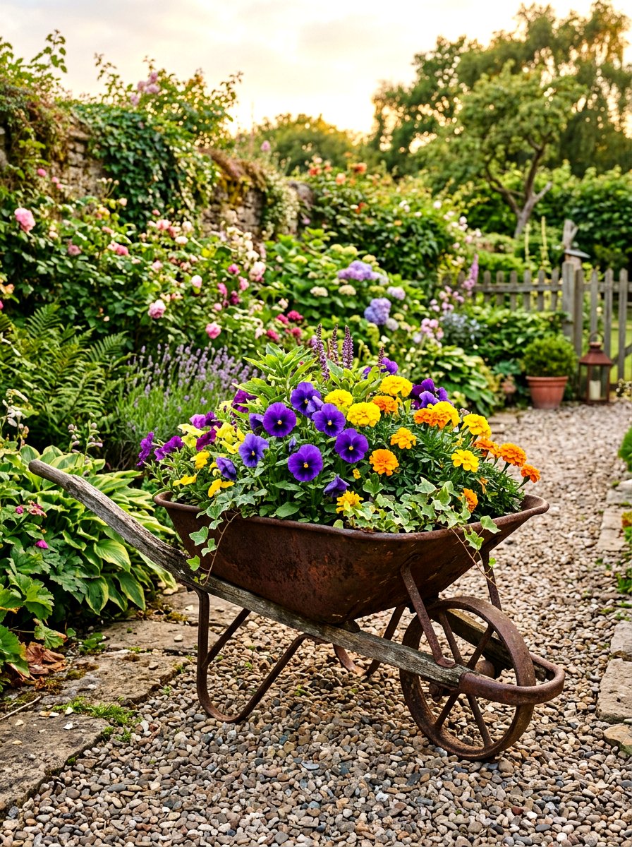Wheelbarrow Flower Display - 30 repurposed garden decor ideas