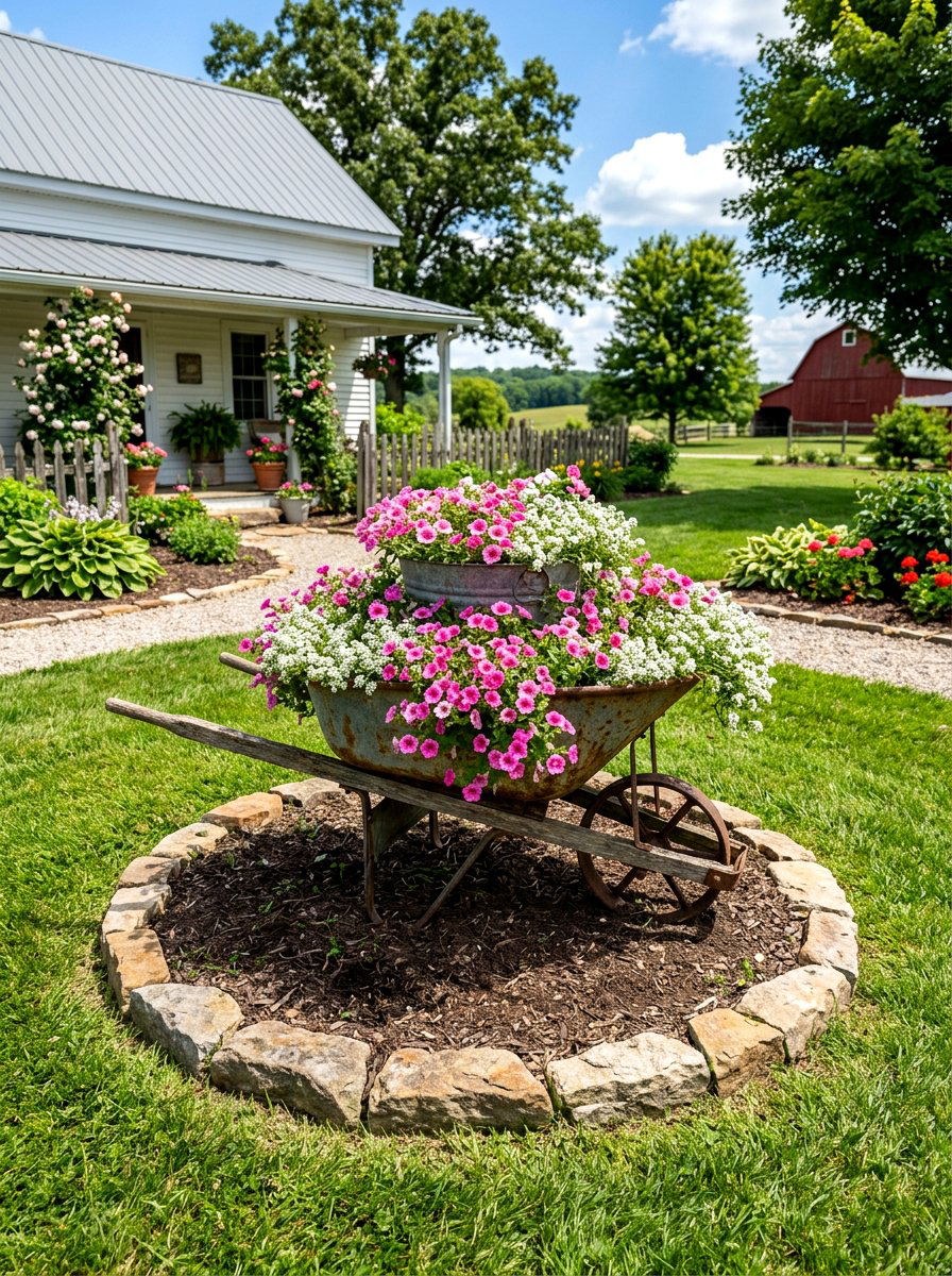 Wheelbarrow Focal Flower Bed - 30 budget flower bed ideas