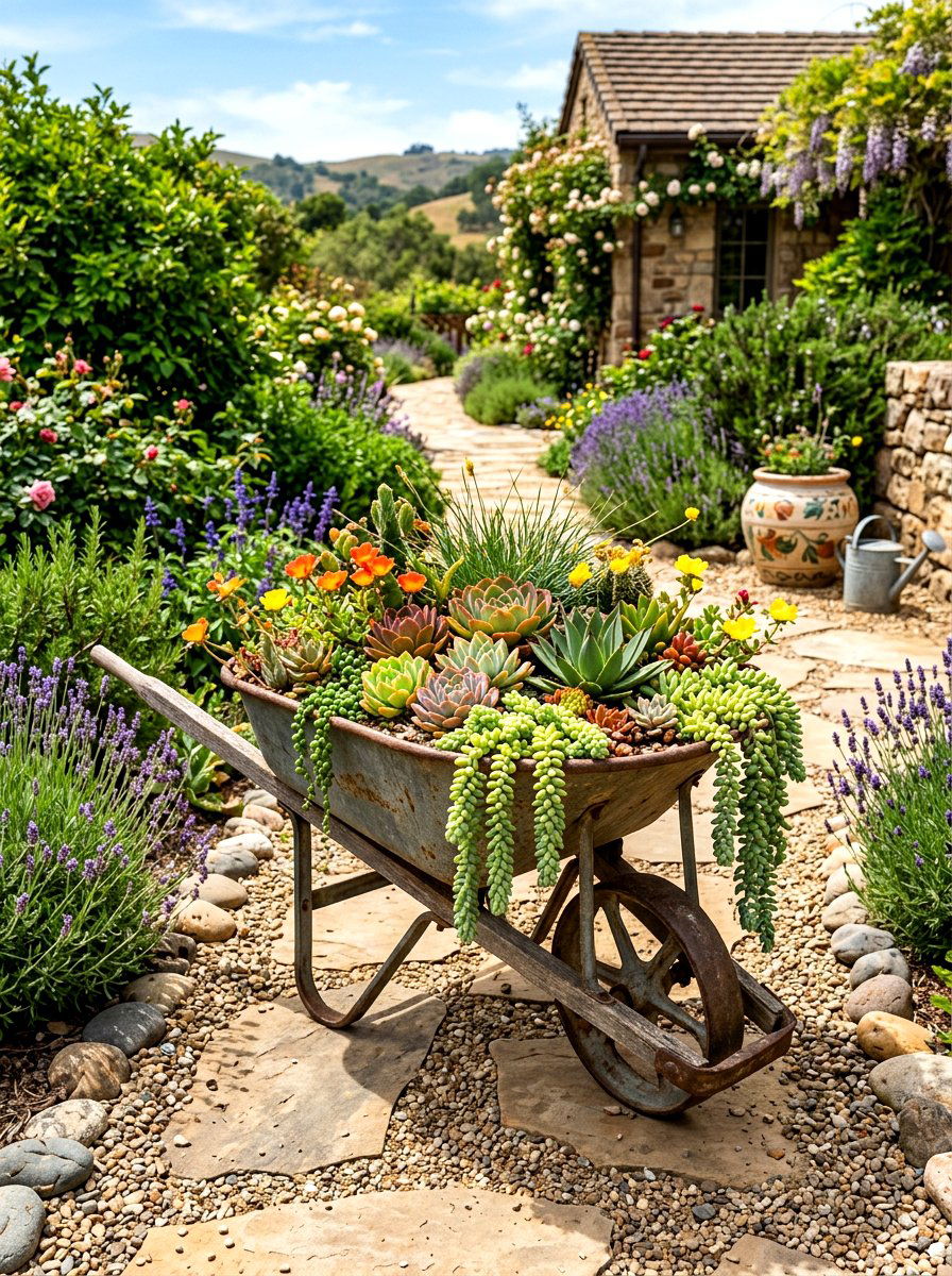 Wheelbarrow Garden Display - 30 succulent garden ideas