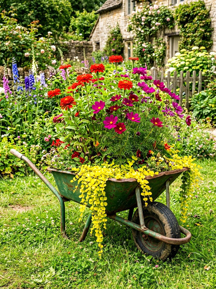 Wheelbarrow flower display - 30 flower container garden ideas