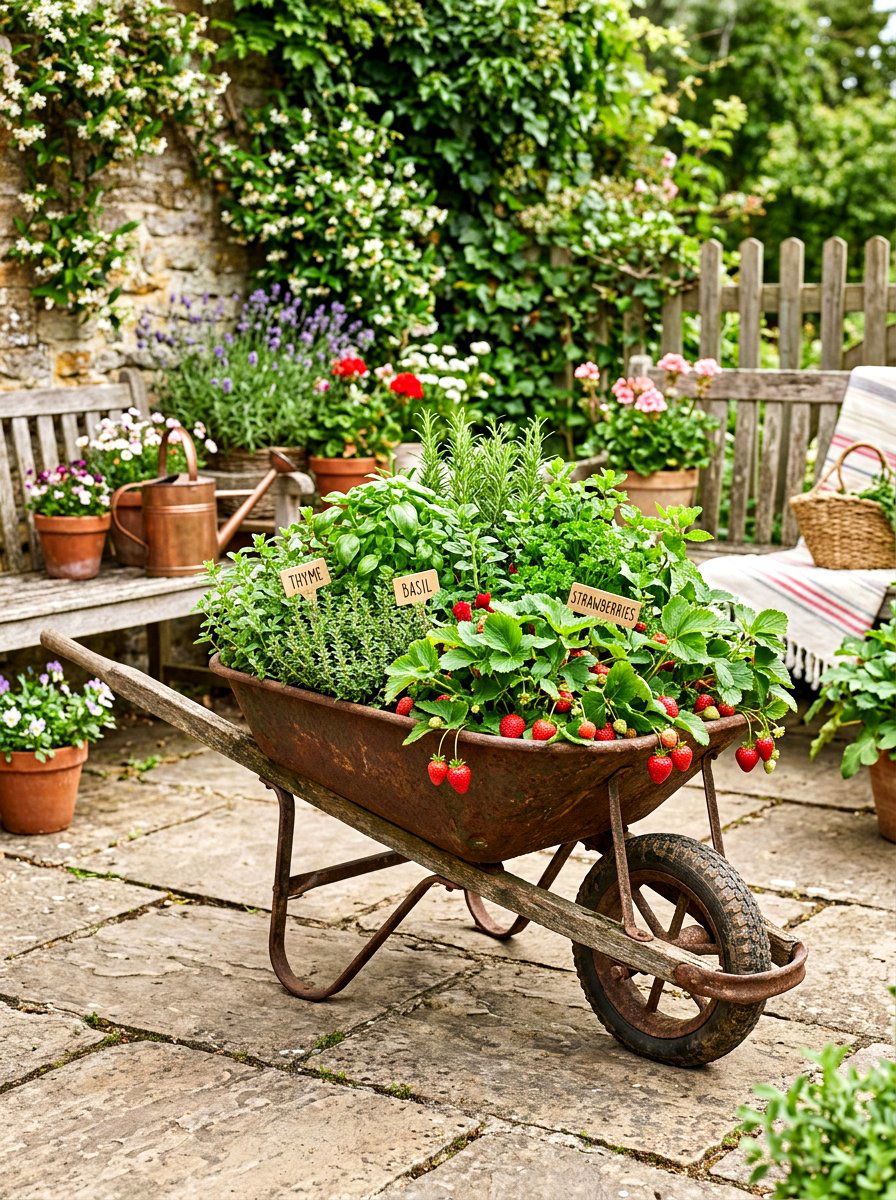 Wheelbarrow garden display - 30 patio vegetable garden ideas
