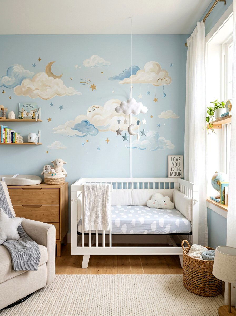 Whimsical Clouds Mural - 30 nursery accent wall ideas