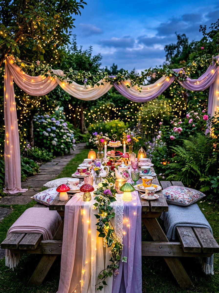 Whimsical Fairytale Picnic Table - 30 outdoor picnic table decor ideas