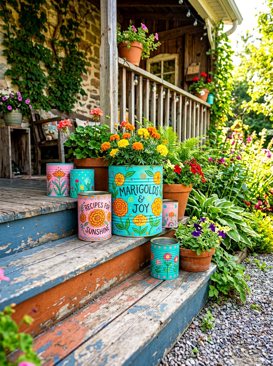 Whimsical Painted Tin - 30 porch steps flower pot ideas
