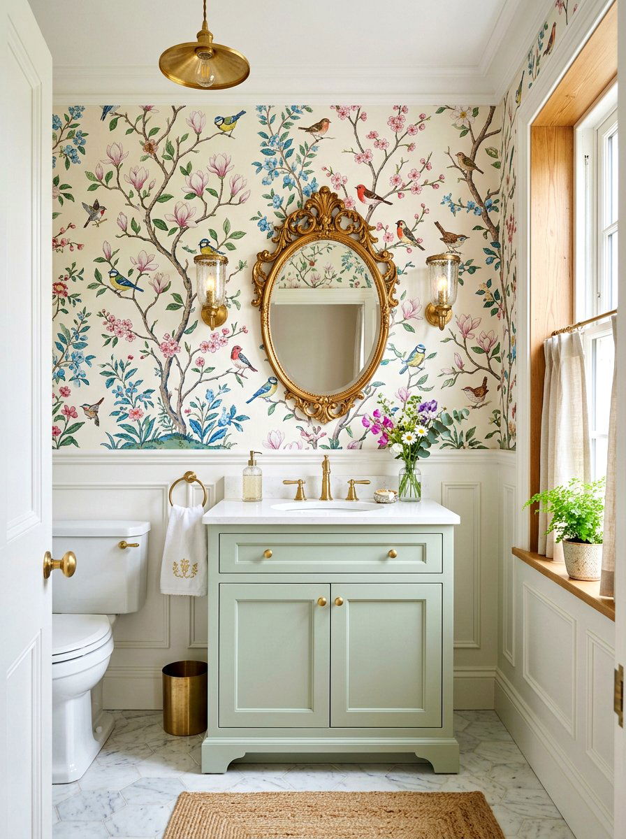 Whimsical floral bird wallpaper - 30 floral wallpaper powder room ideas
