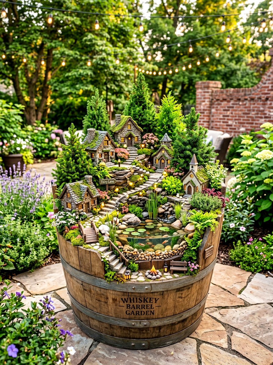Whiskey Barrel Fairy Garden - 30 miniature fairy garden ideas