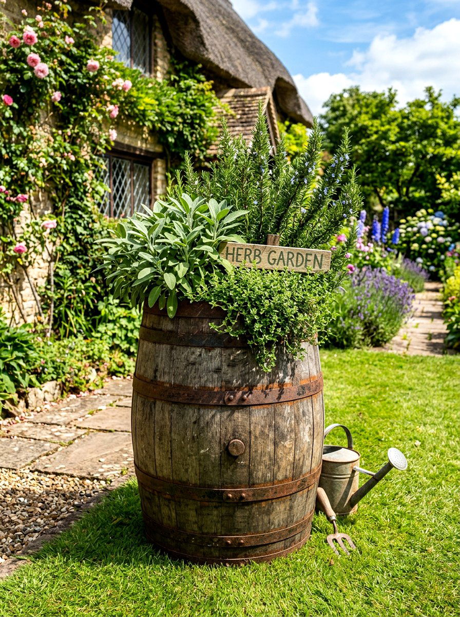 Whiskey Barrel Herb Garden - 30 herb container garden ideas