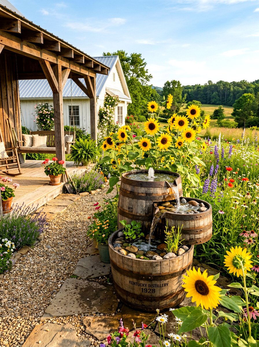 Whiskey barrel fountain - 30 courtyard fountain ideas