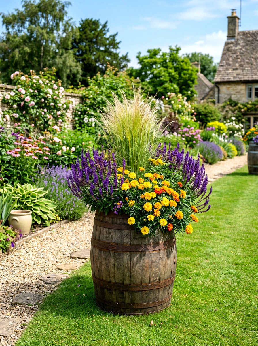 Whiskey barrel garden - 30 flower container garden ideas