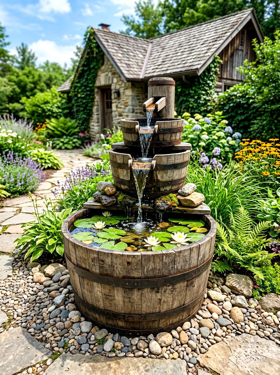 Whiskey barrel water feature - 30 rustic garden ideas