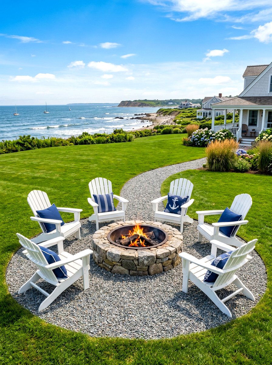 White Adirondack Chair Fire Pit - 30 coastal backyard ideas