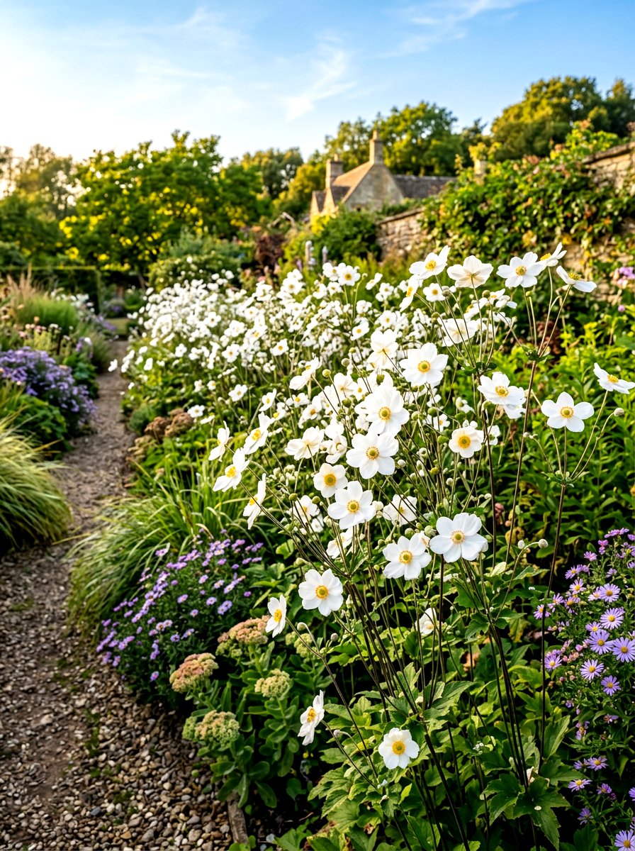 White Anemone Garden Border - 30 moonlight white flower border ideas