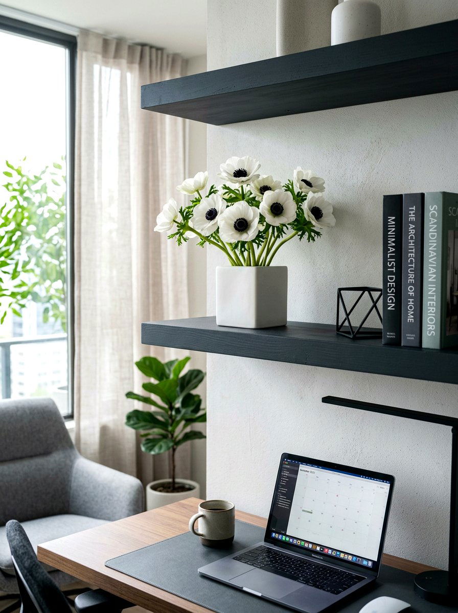 White Anemones On Dark Shelf - 30 spring flower arrangement ideas