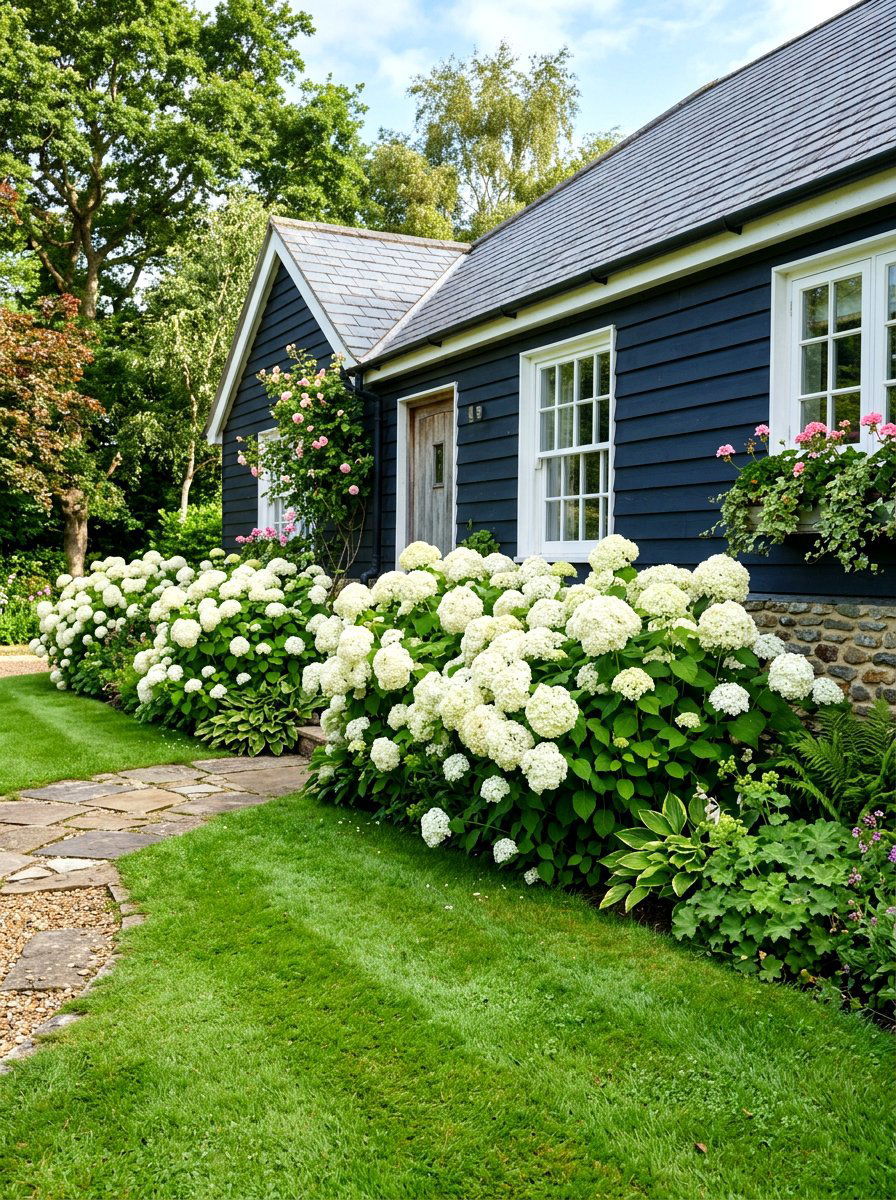 White Annabelle Hydrangea - 30 hydrangea foundation planting ideas