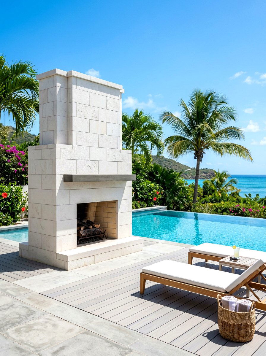 White Ashlar Stone Fireplace - 30 stone outdoor fireplace ideas