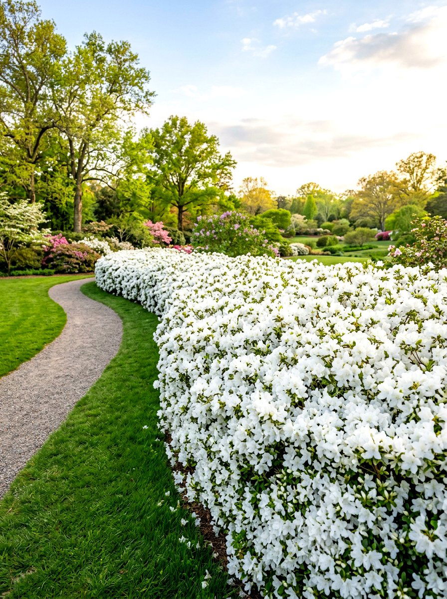 White Azalea Garden Hedge - 30 moonlight white flower border ideas