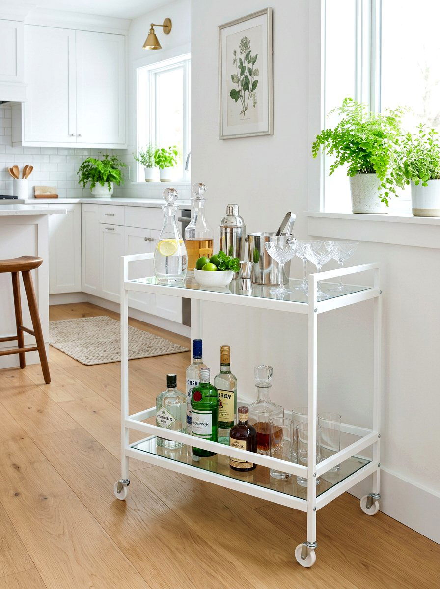 White Bar Cart - 30 champagne cart decor ideas