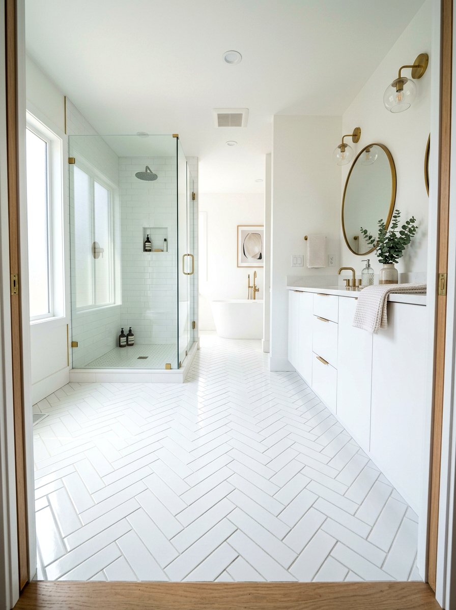 White Bathroom Herringbone Floor - 30 white bathroom ideas