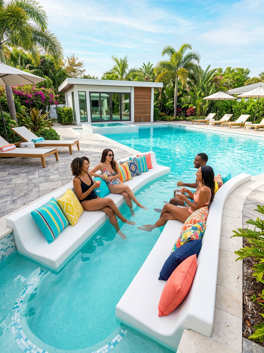 White Bench Pool Shelf Design - 30 pool ledge lounger ideas