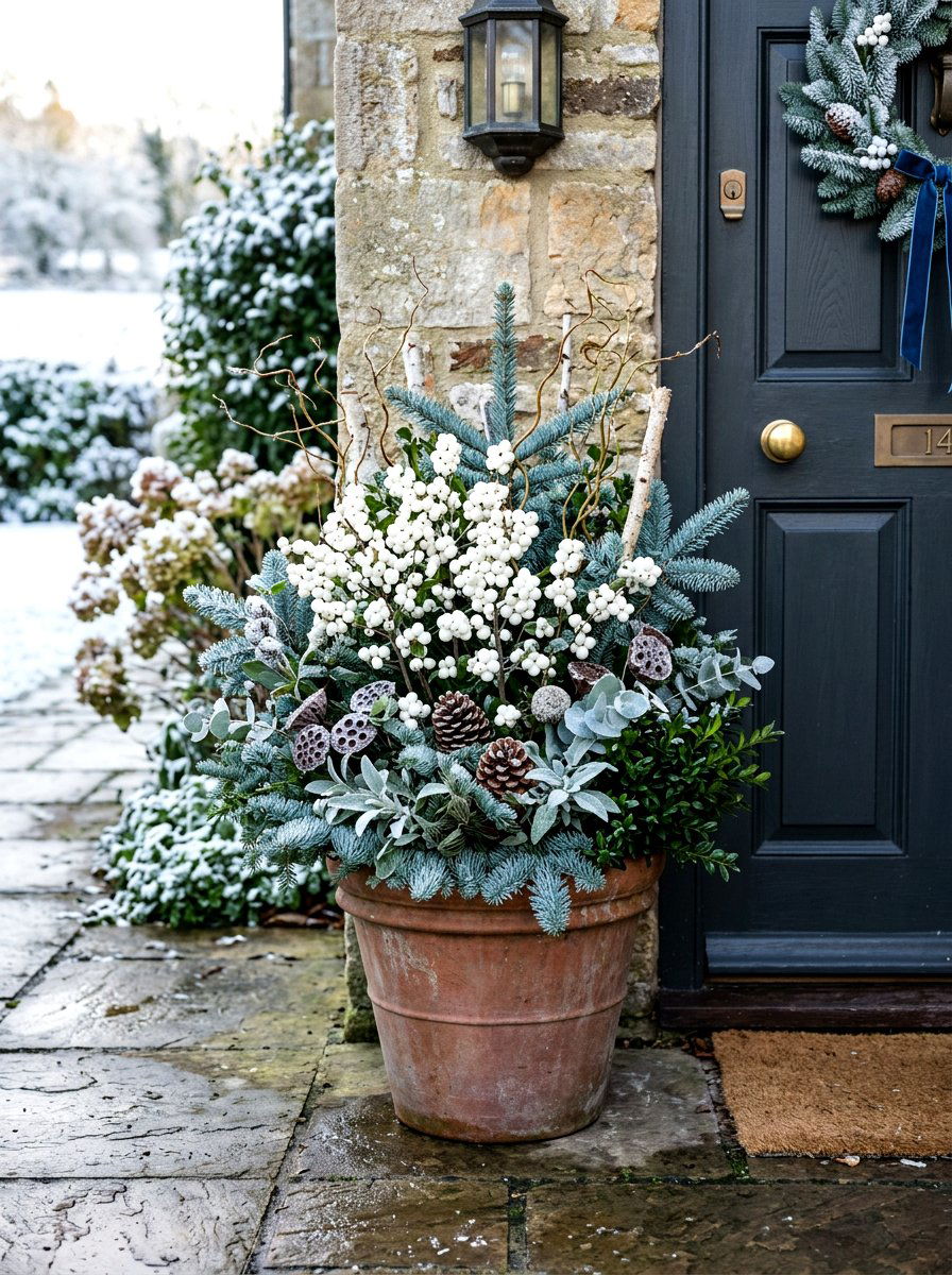 White Berries Silver Fir - 30 winter porch planter ideas