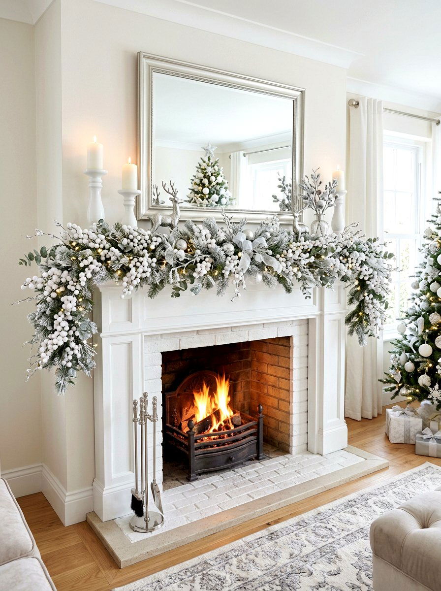 White Berry Mantel - 30 holiday mantel garland ideas