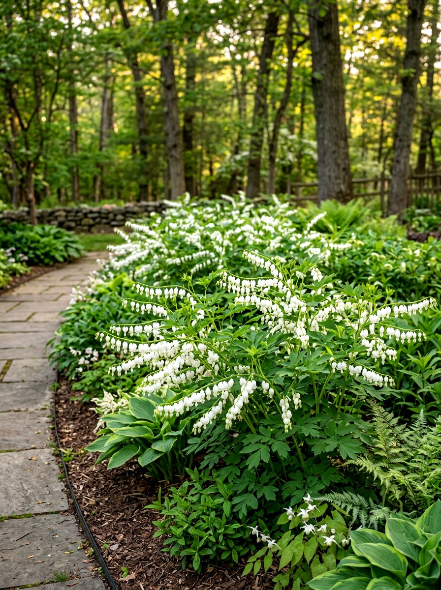 White Bleeding Heart Garden - 30 moonlight white flower border ideas