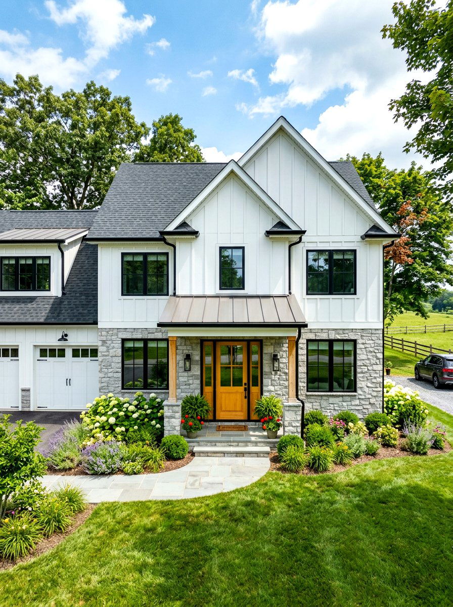 White Board And Batten With Gray Stone - 30 mixed siding exterior ideas