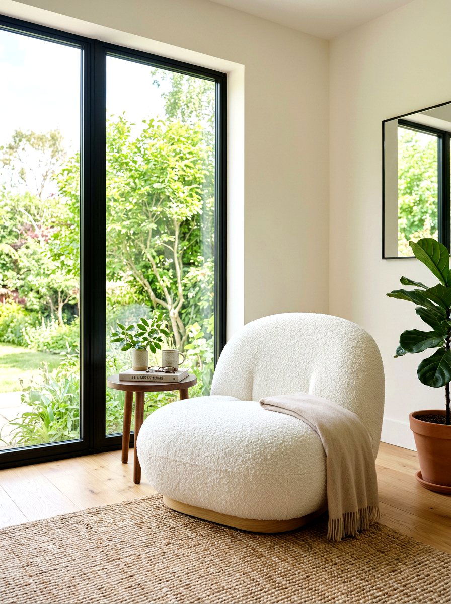 White Boucle Chair - 30 warm minimalist home ideas