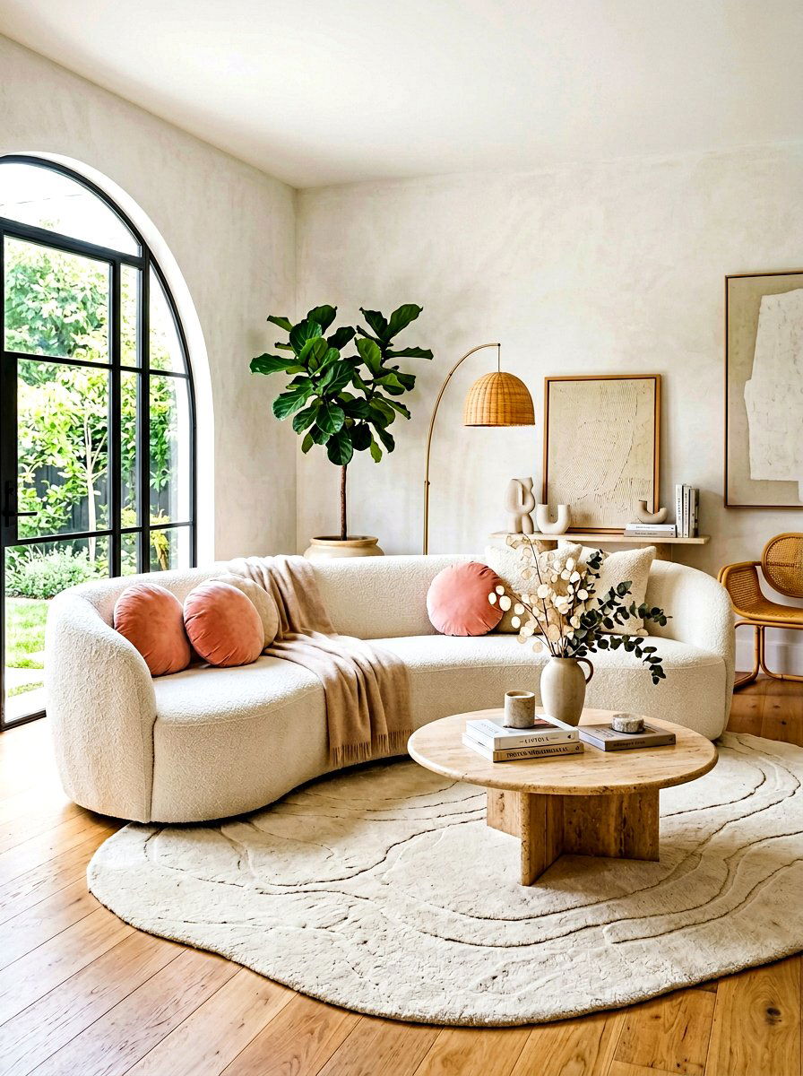 White Boucle Curved Sofa - 30 sofa styling ideas