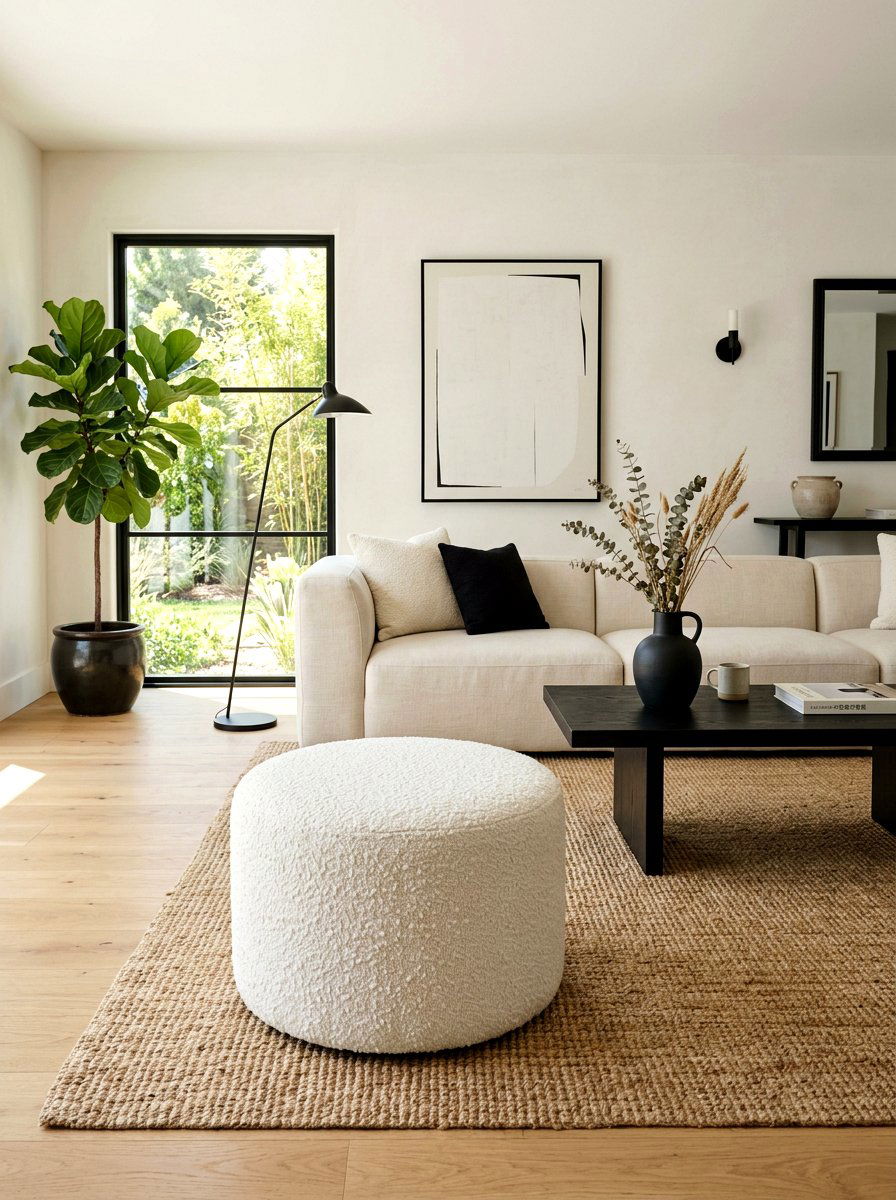 White Boucle Round Ottoman - 30 living room ottoman styling ideas