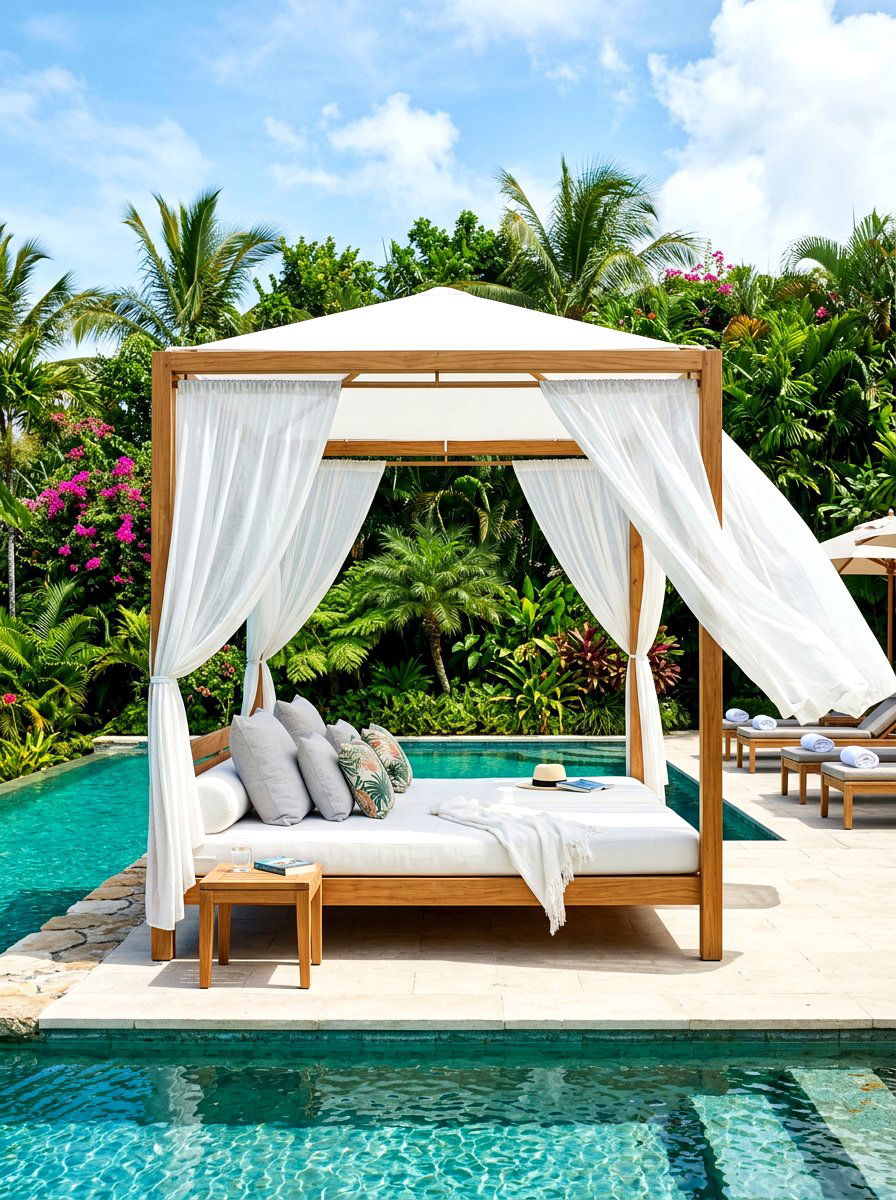 White Canopy Poolside Cabana - 30 poolside daybed cabana ideas