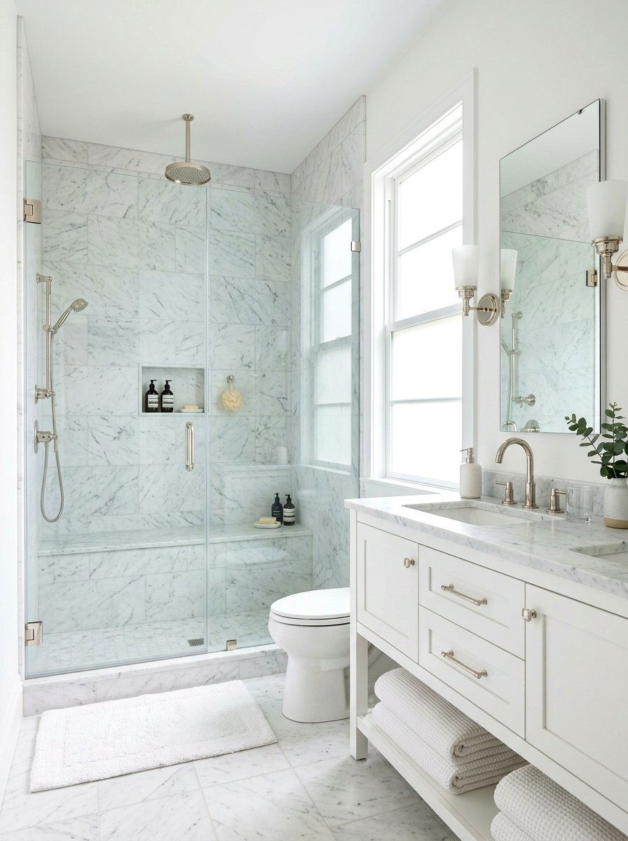 White Carrara Marble Shower - 30 stone slab shower wall ideas