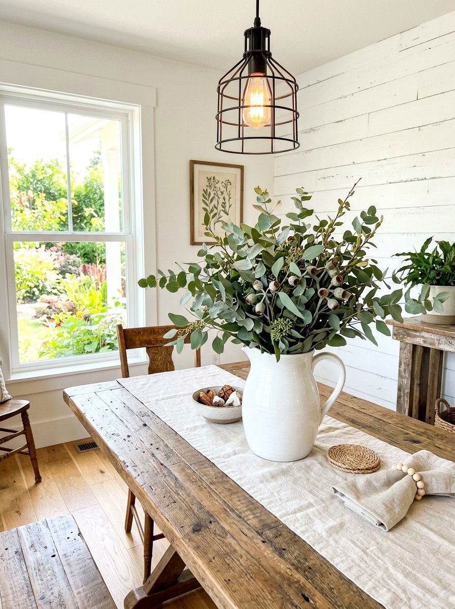 White Ceramic Pitcher Display - 30 farmhouse table decor ideas