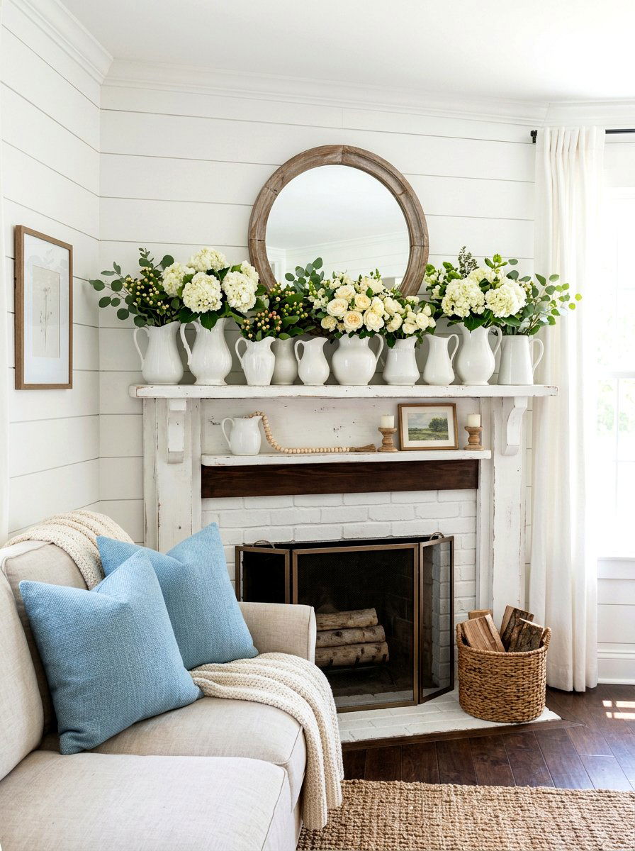 White Ceramic Pitcher Mantel - 30 spring mantel styling ideas
