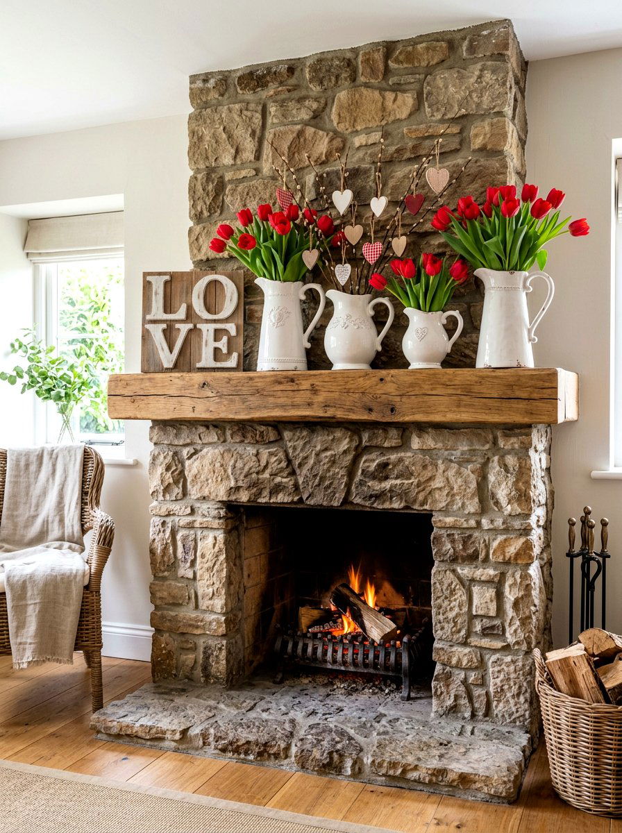 White Ceramic Pitcher Rustic Mantel - 30 Valentine mantel ideas