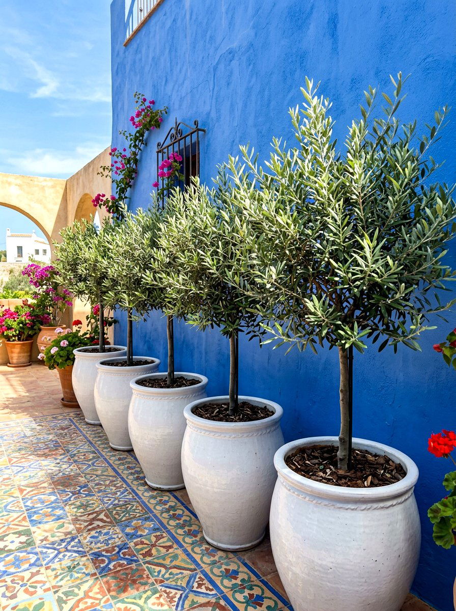 White Ceramic Planters - 30 potted olive backyard ideas