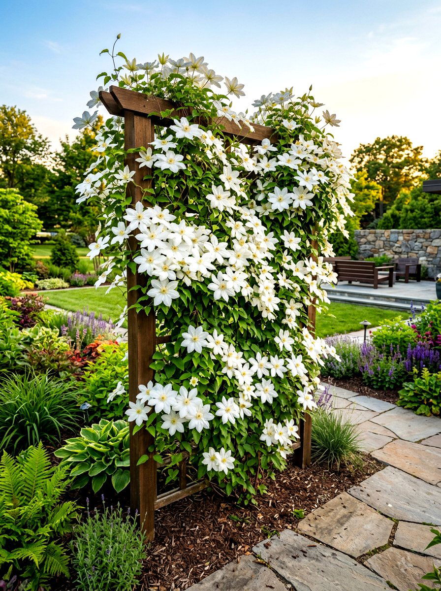 White Clematis Garden Trellis - 30 moonlight white flower border ideas