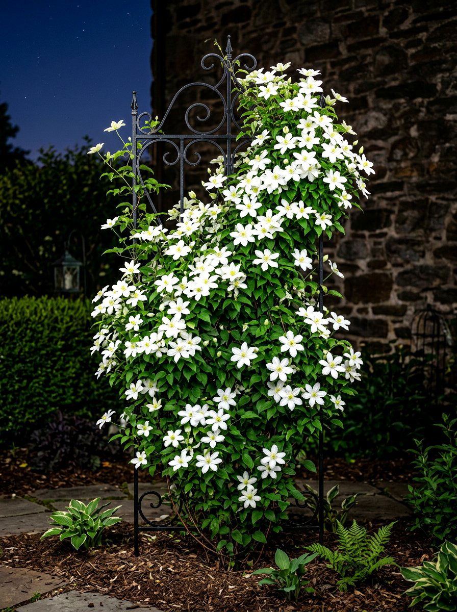 White Clematis Vine - 30 moon garden backyard ideas