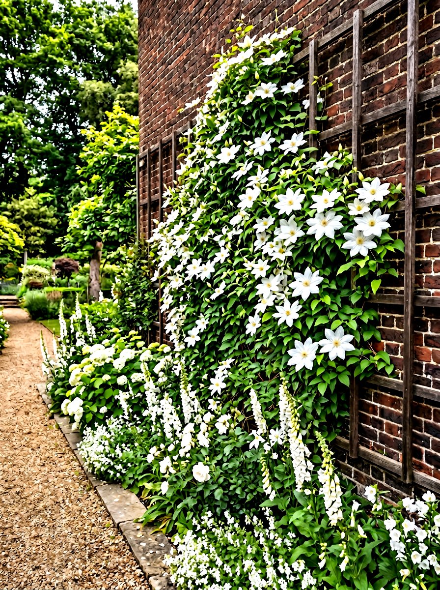 White Climbing Clematis Wall - 30 white bloom garden ideas