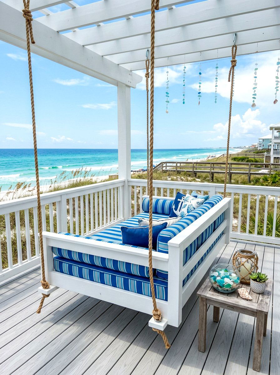 White Coastal Hanging Daybed - 30 porch daybed swing ideas