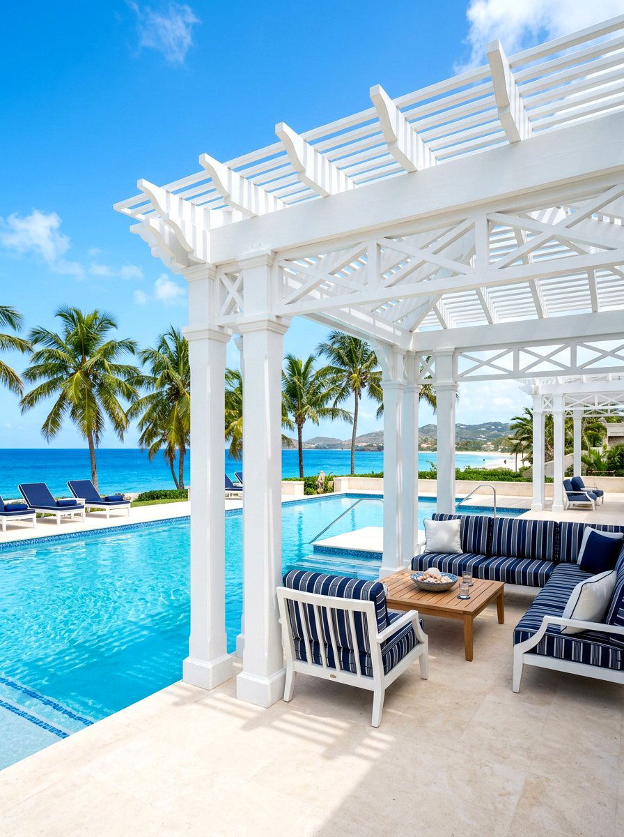 White Coastal Pergola - 30 poolside pergola ideas