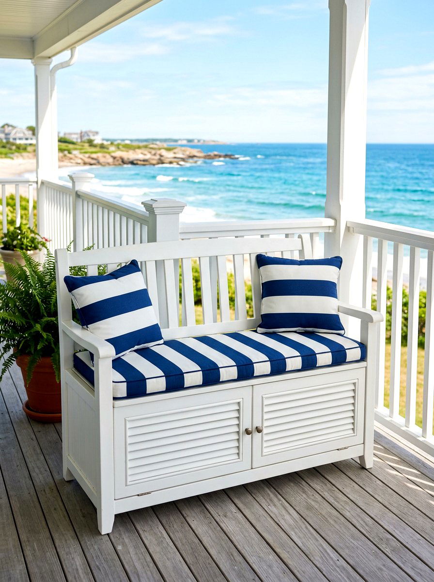 White Coastal Storage Bench - 30 patio storage bench seating ideas