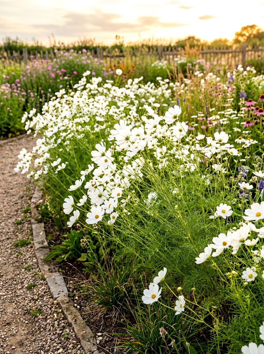 White Cosmos Flower Border - 30 moonlight white flower border ideas